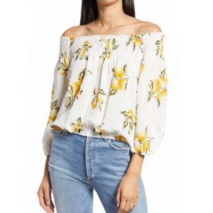 Socialite Lemon Print Swiss Dot Peasant Blouse Smocked Off The Shoulder Size XS